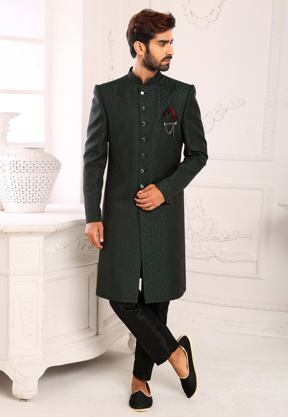 Green Brocade Indo Western Sherwani 248733