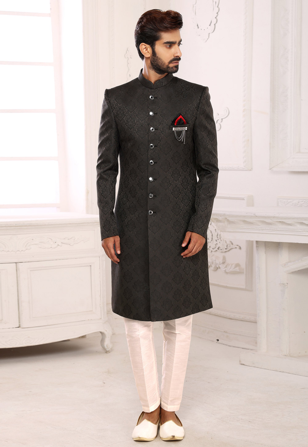 Black Brocade Indo Western Sherwani 248735