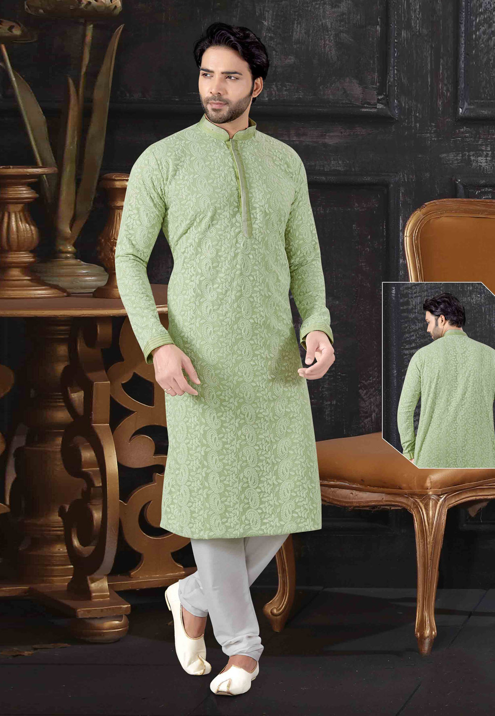 Light Green Chikan Readymade Kurta Pajama 199154