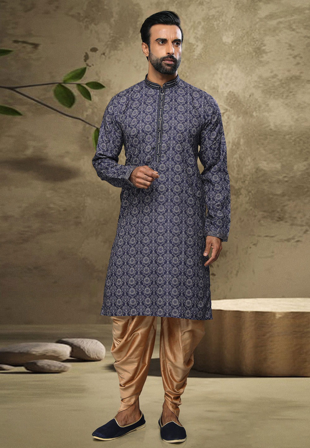 Navy Blue Cotton Dhoti Kurta 249144