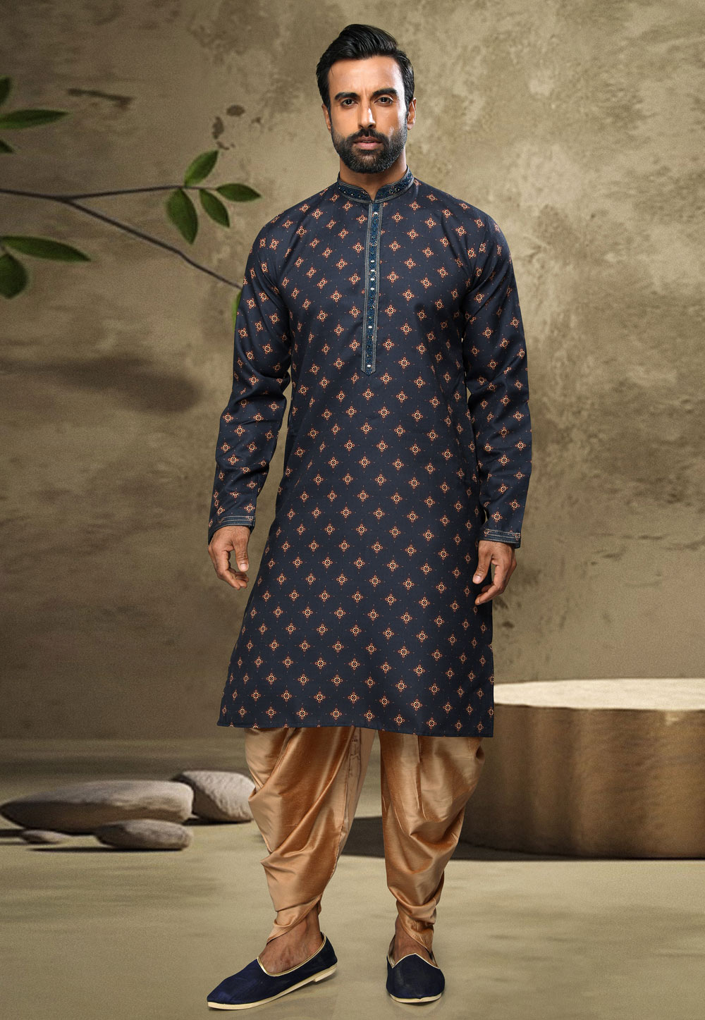 Navy Blue Cotton Dhoti Kurta 249148