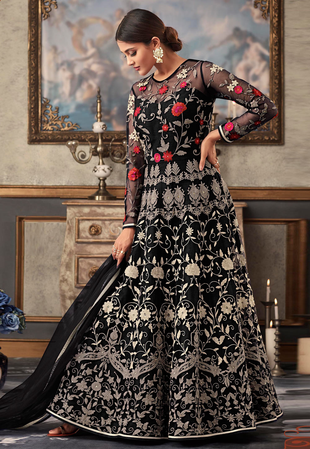 Black Net Ankle Length Anarkali Suit 168126