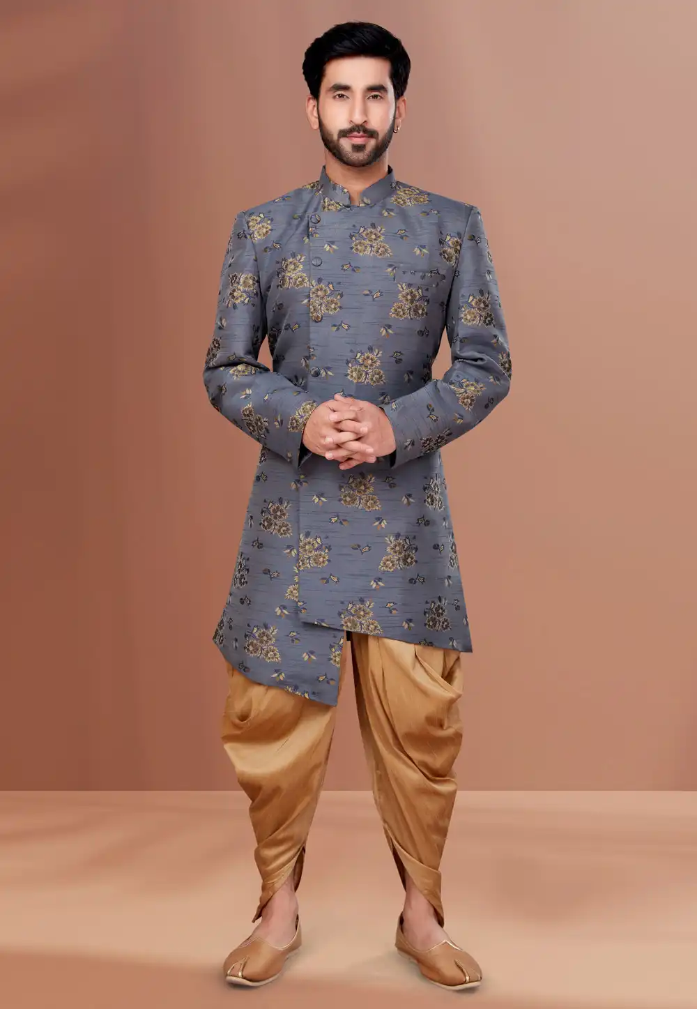 Grey Jacquard Indo Western Suit 257819