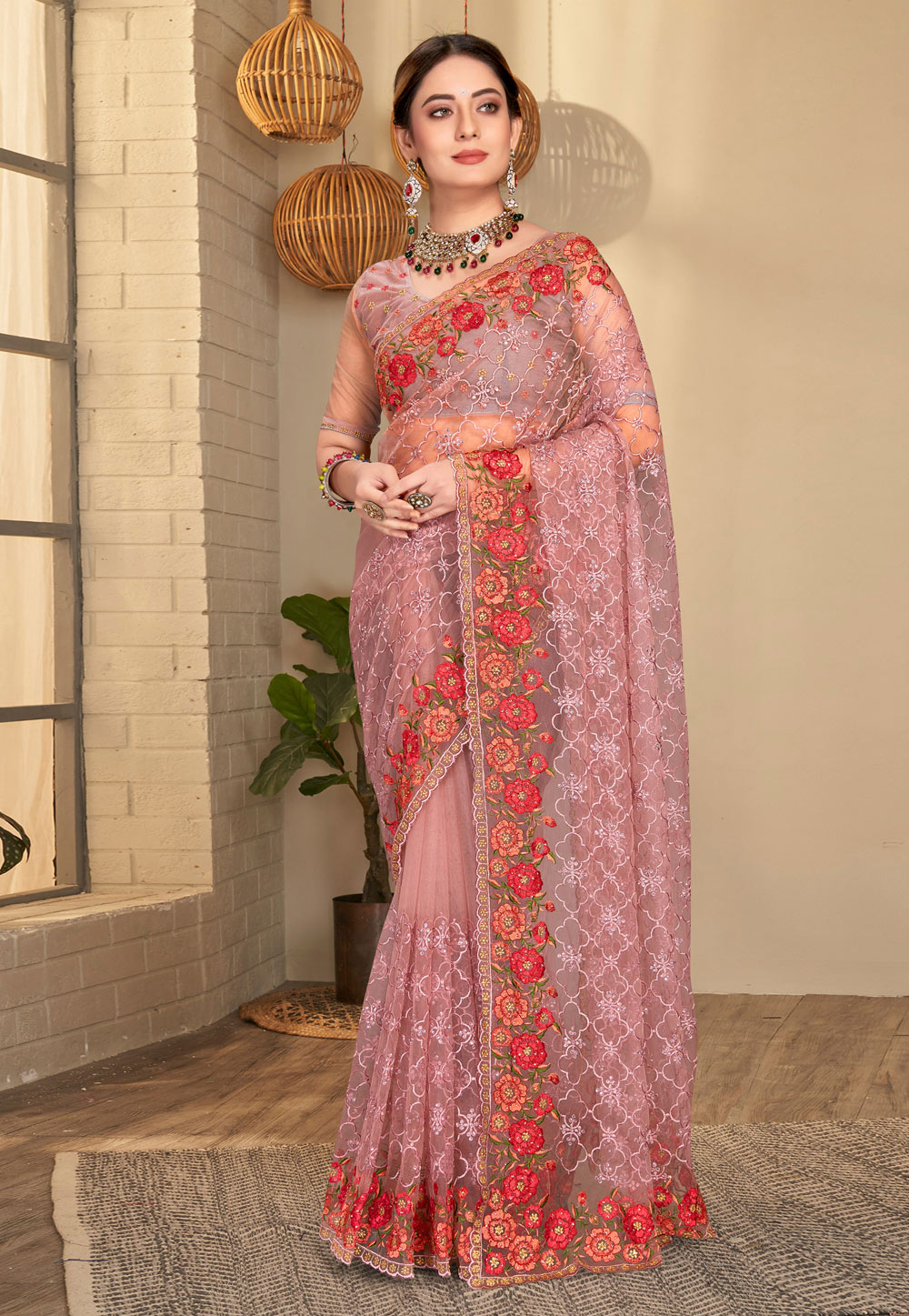 Pink Net Saree With Blouse 251856