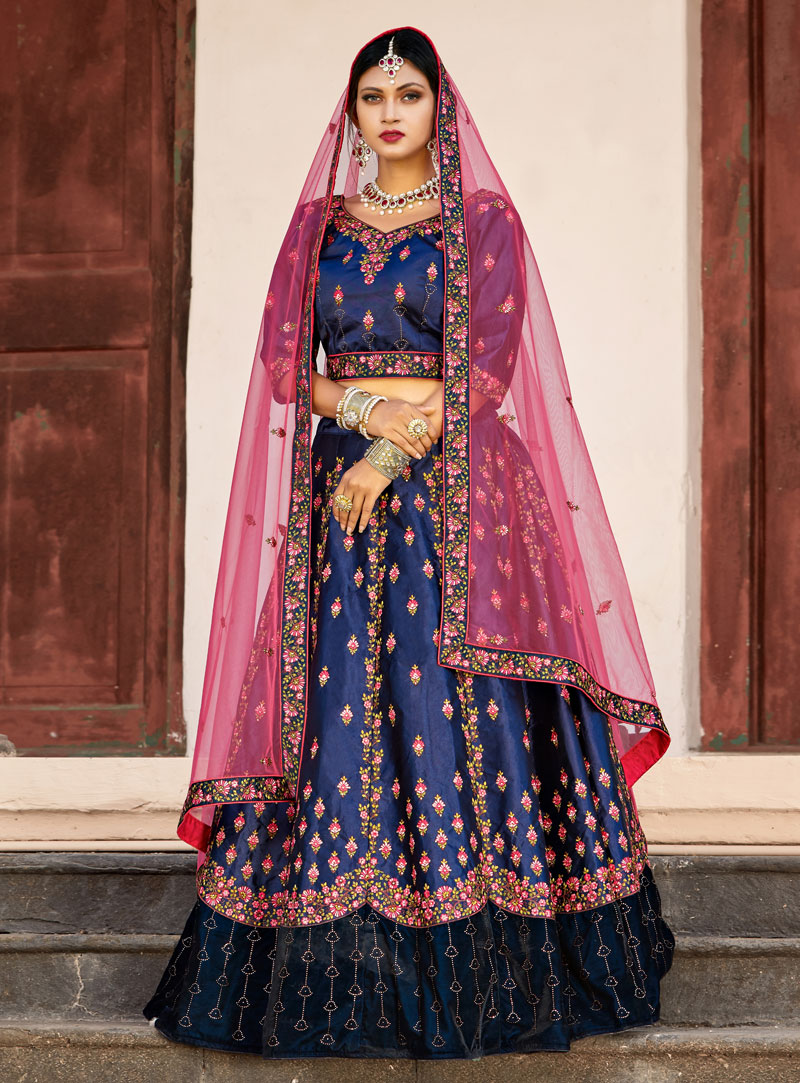 Navy Blue Satin A Line Lehenga Choli 146529