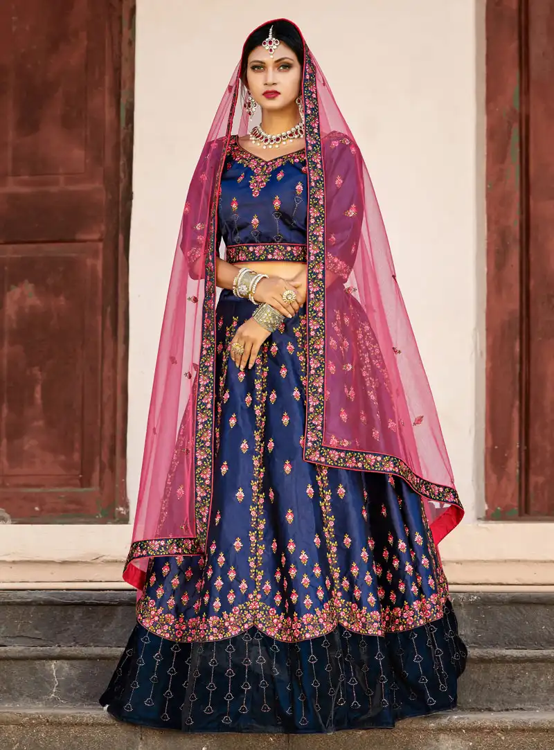 Navy Blue Satin A Line Lehenga Choli 146529