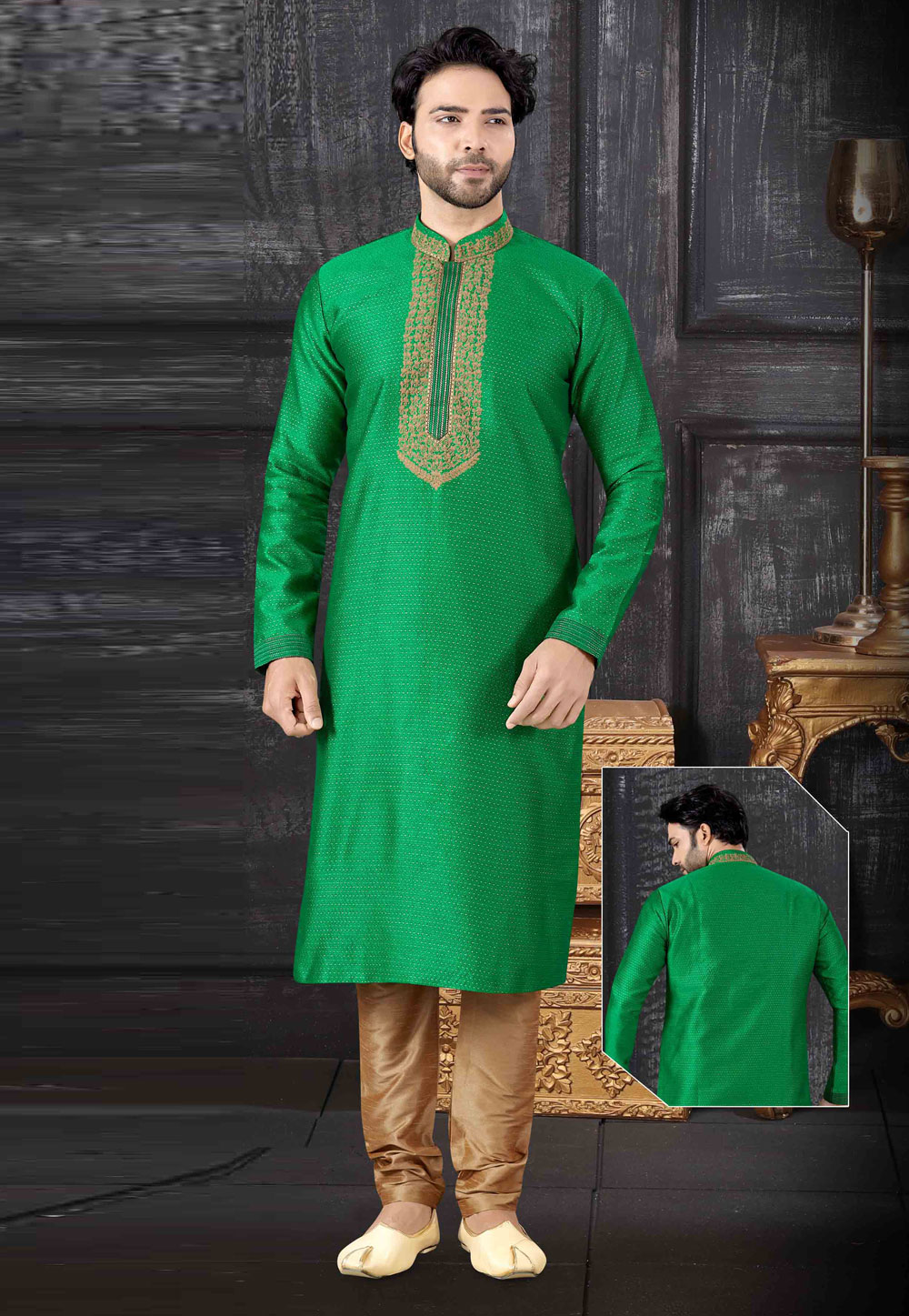 Green Jacquard Readymade Kurta Pajama 199155