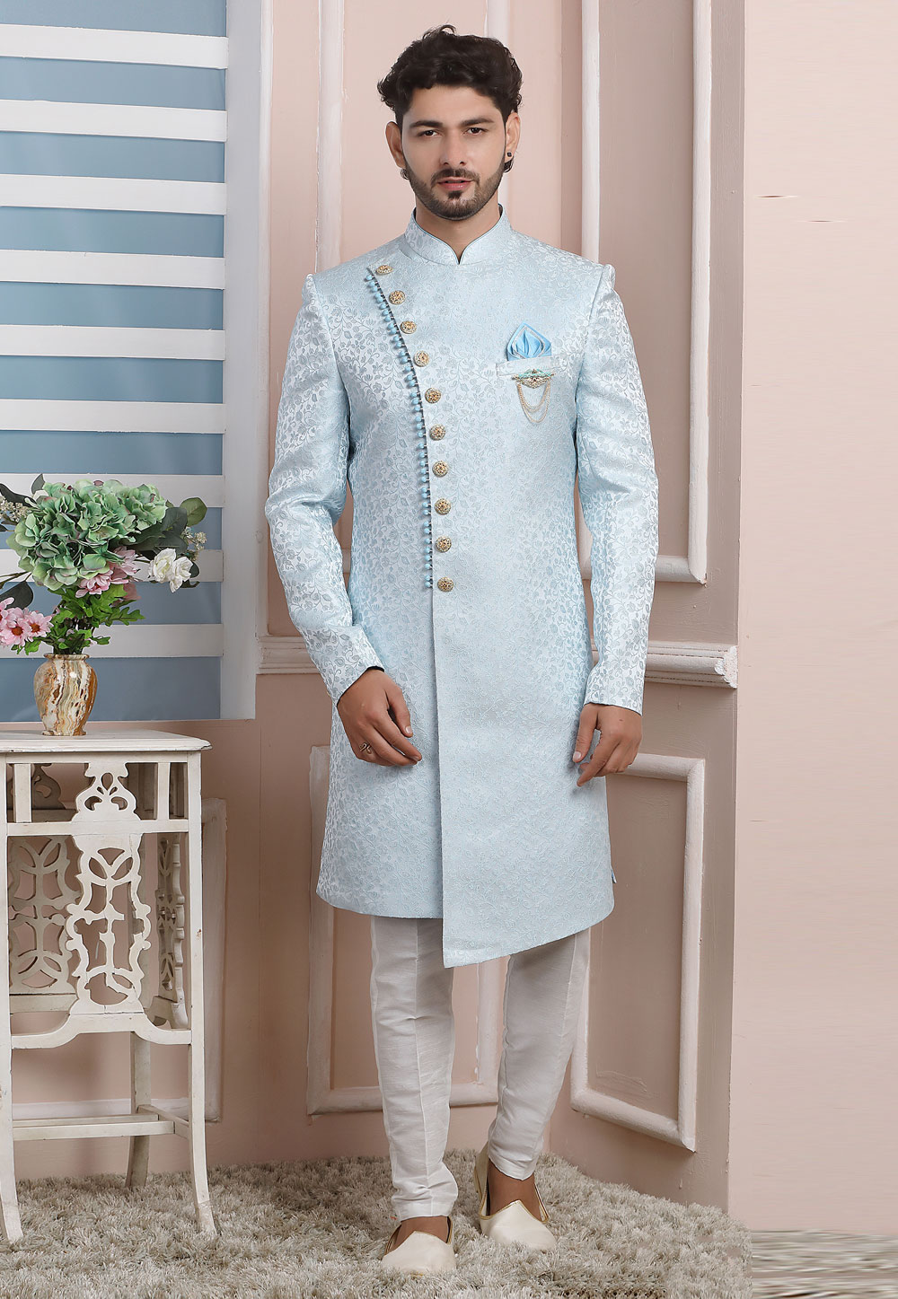 Sky Blue Jacquard Silk Indo Western Suit 249167
