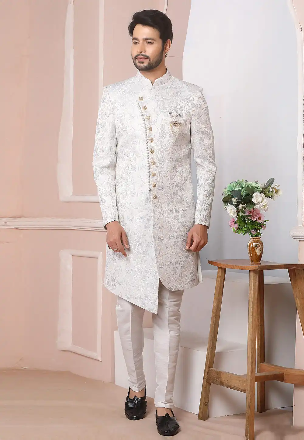 Off White Jacquard Silk Indo Western Suit 249170
