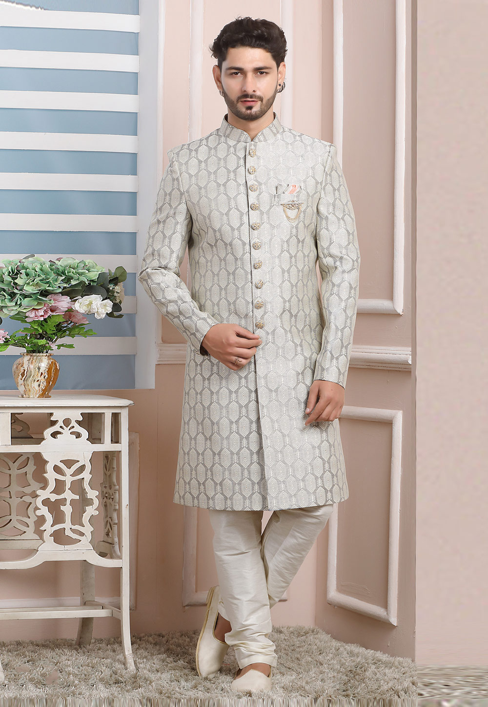 Grey Jacquard Silk Indo Western Suit 249172