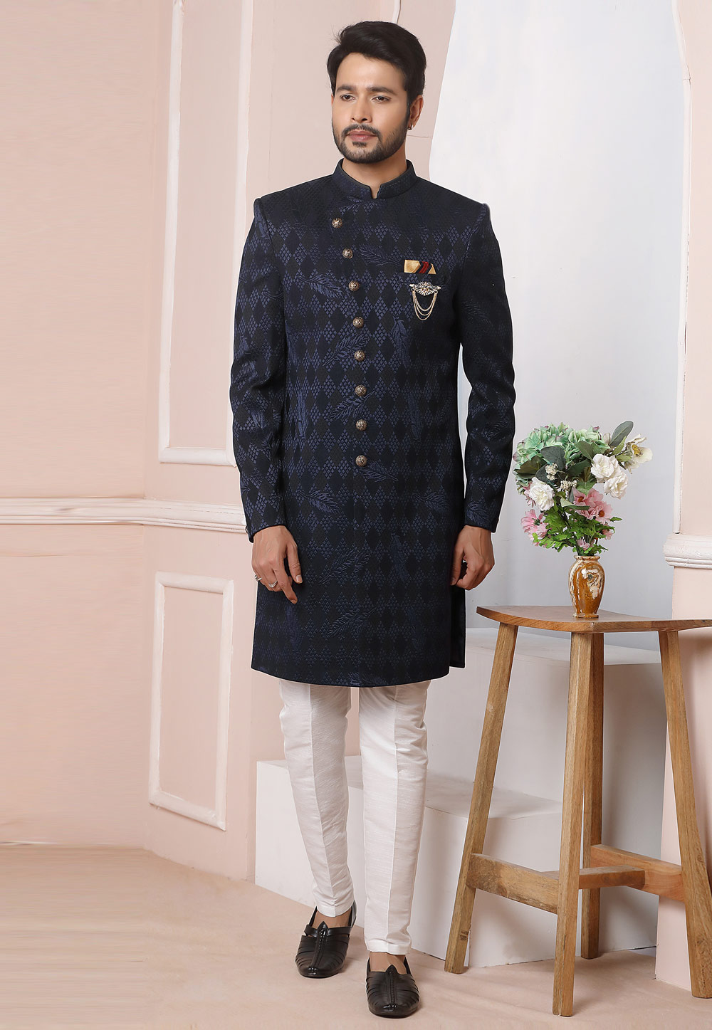 Navy Blue Velvet Indo Western Suit 249176