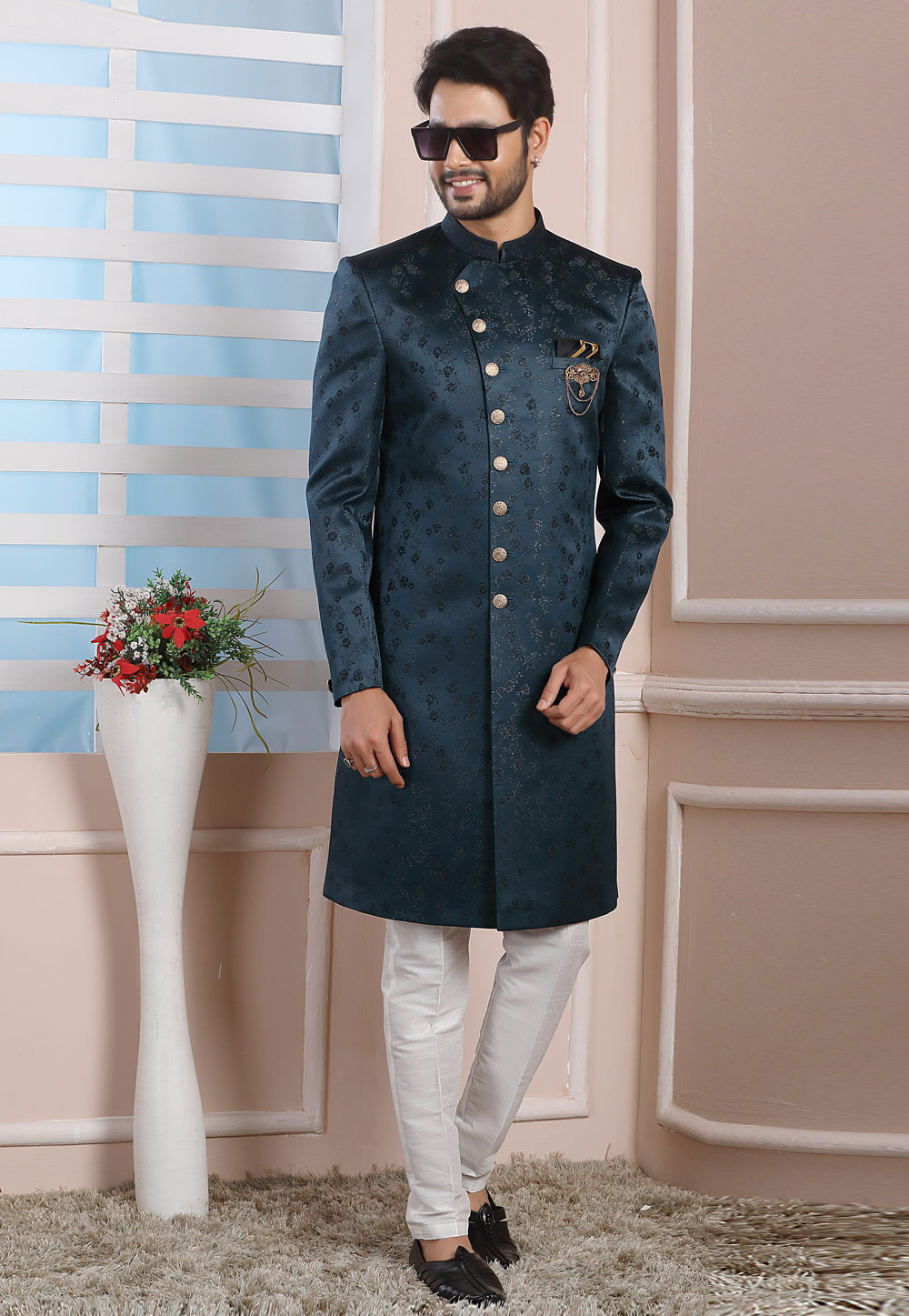 Teal Jacquard Silk Indo Western Suit 249179