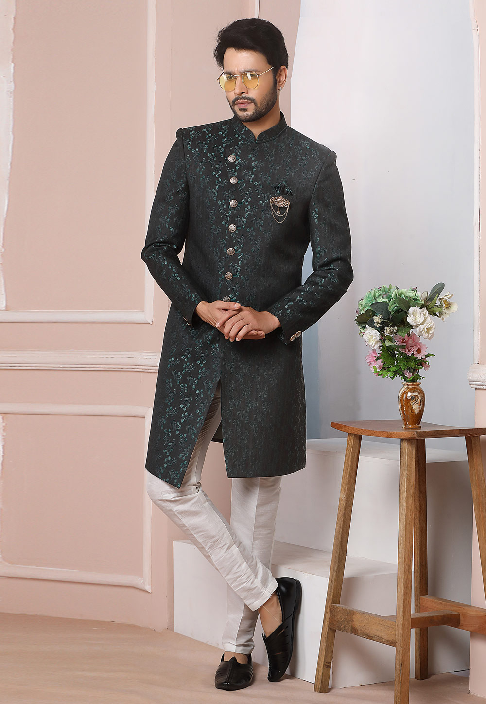 Black Jacquard Silk Indo Western Suit 249181