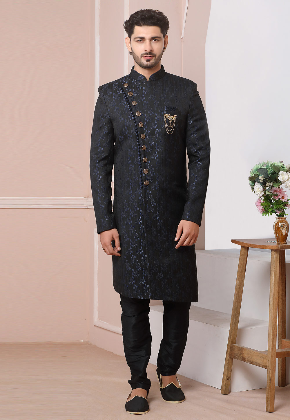 Navy Blue Jacquard Silk Indo Western Suit 249182