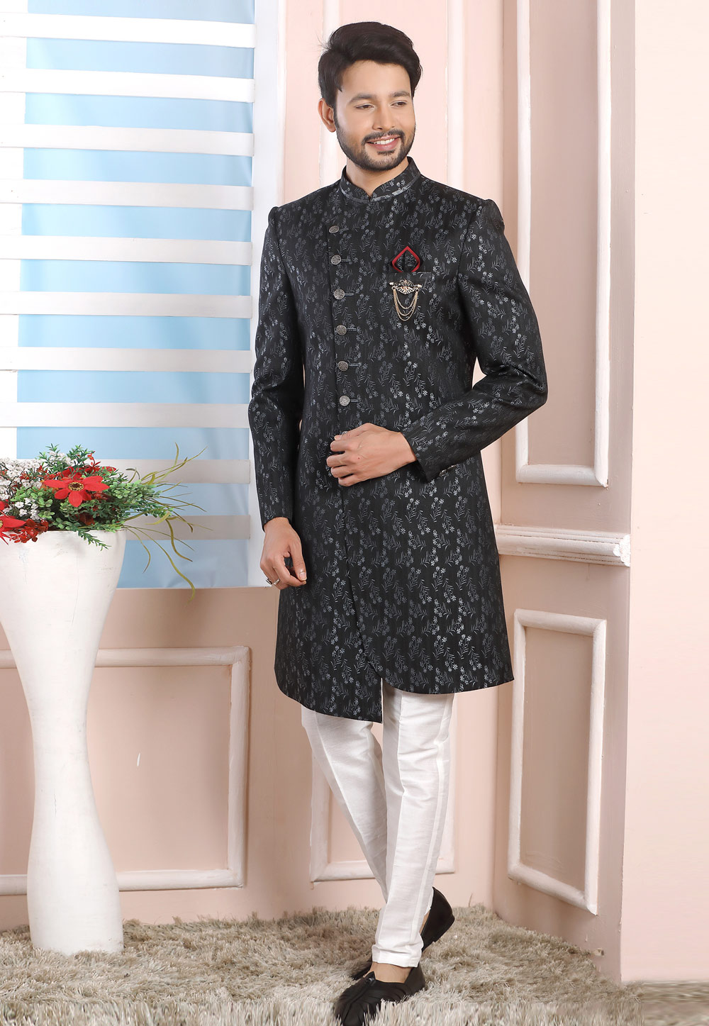 Grey Jacquard Silk Indo Western Suit 249183