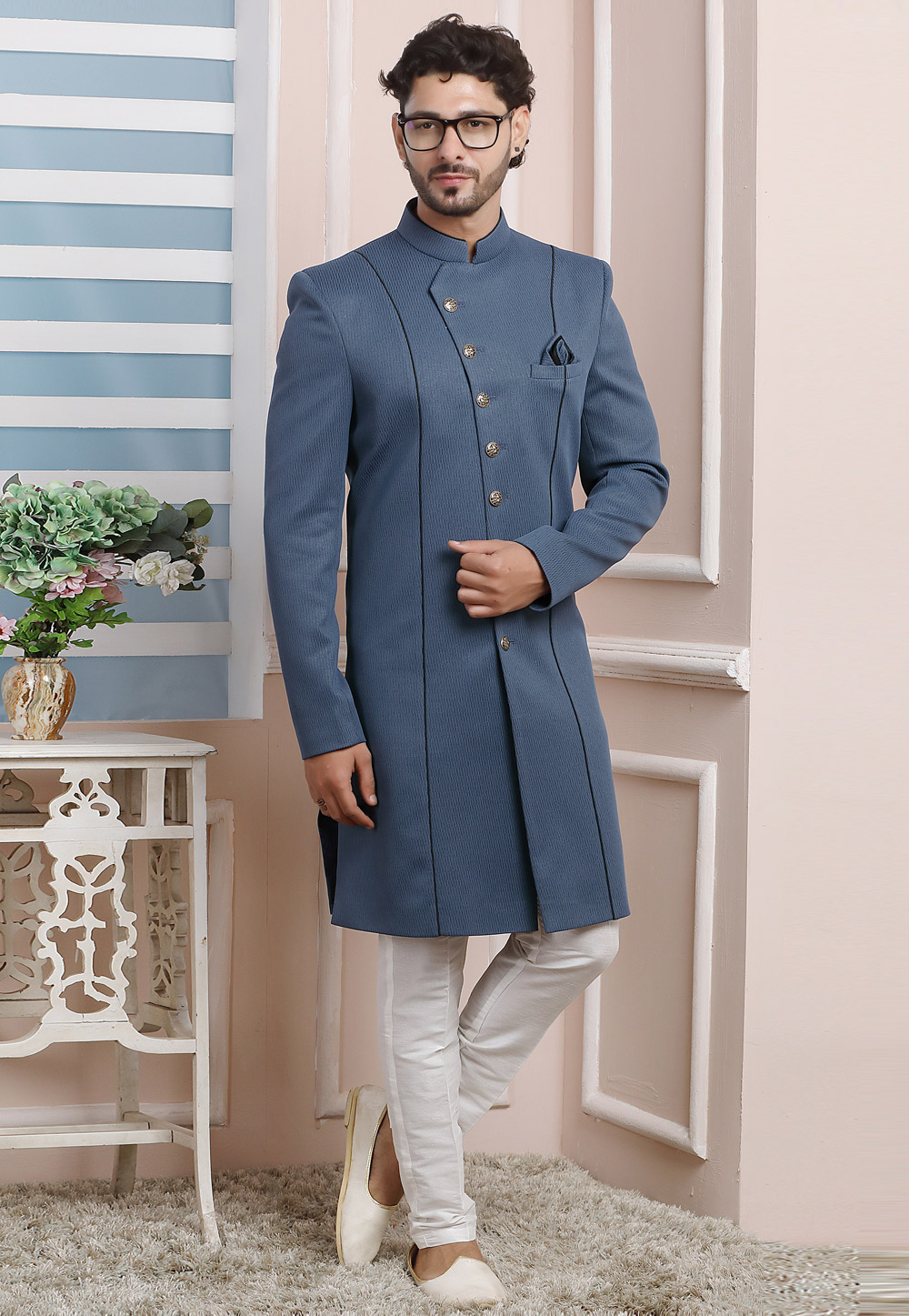 Grey Jacquard Silk Indo Western Suit 249186