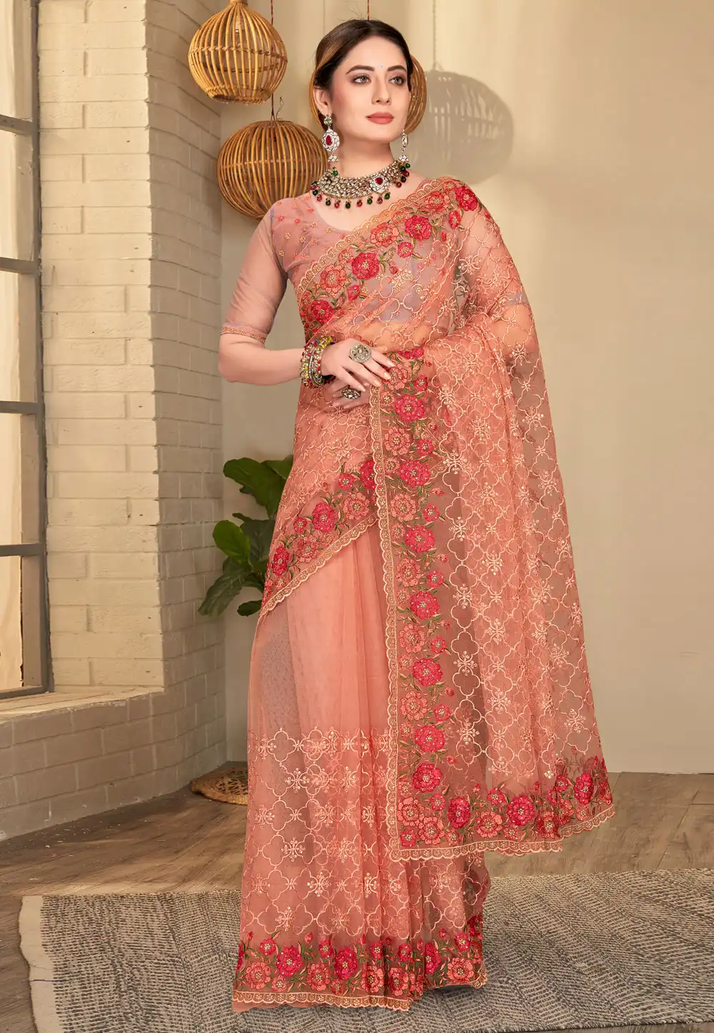 Peach Net Saree With Blouse 251857