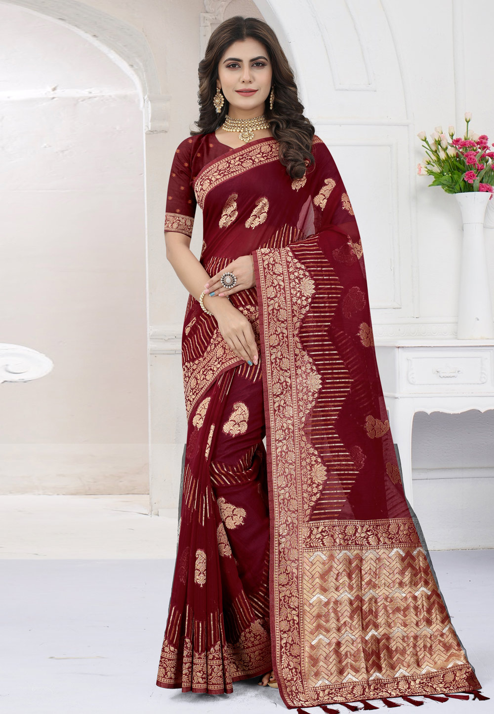 Maroon Viscose Saree With Blouse 258379