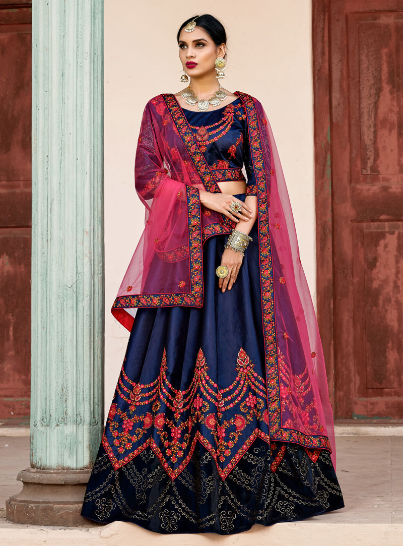 Navy Blue Satin A Line Lehenga Choli 146530