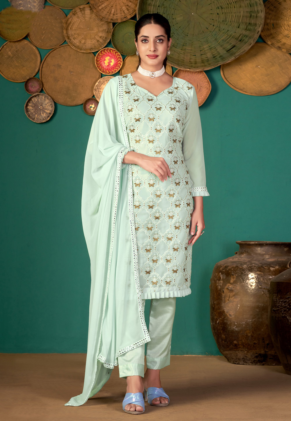 Pista Green Faux Georgette Pakistani Suit 248309