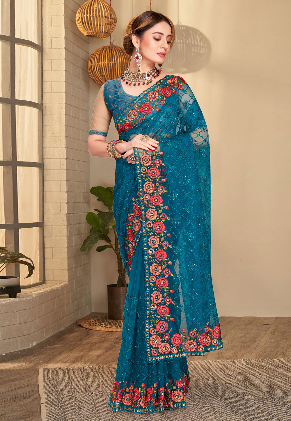 Teal Net Saree With Blouse 251858