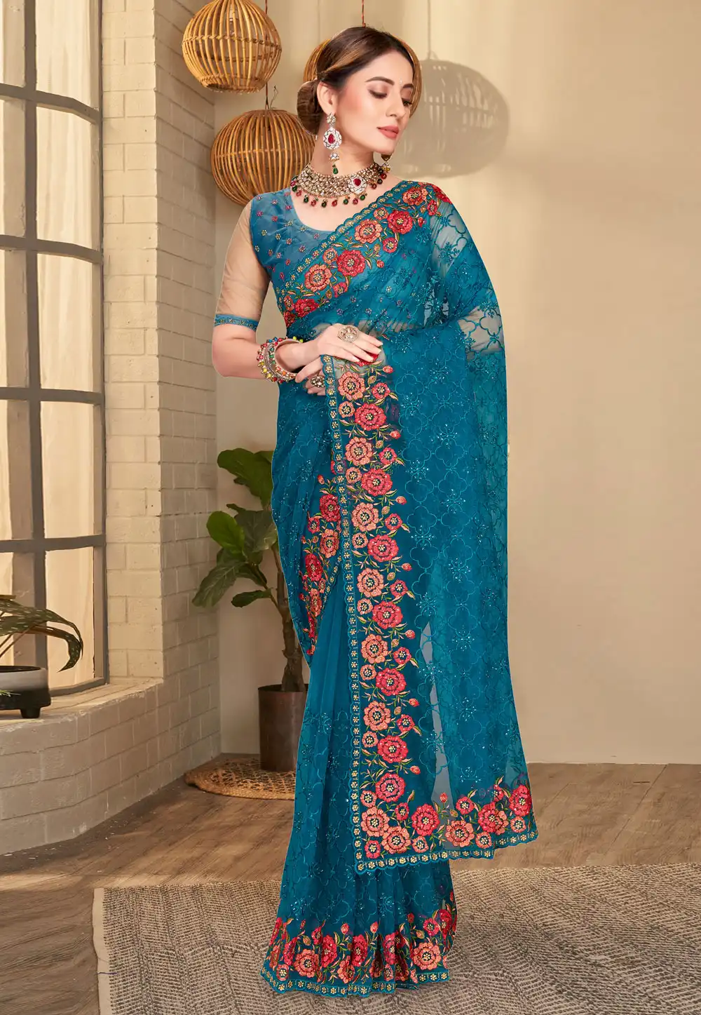 Teal Net Saree With Blouse 251858