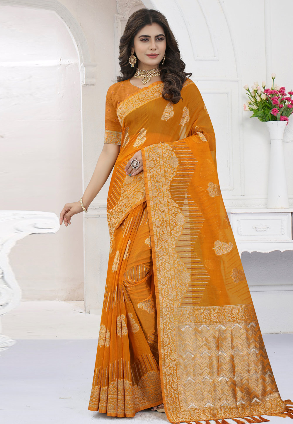 Orange Viscose Saree With Blouse 258380