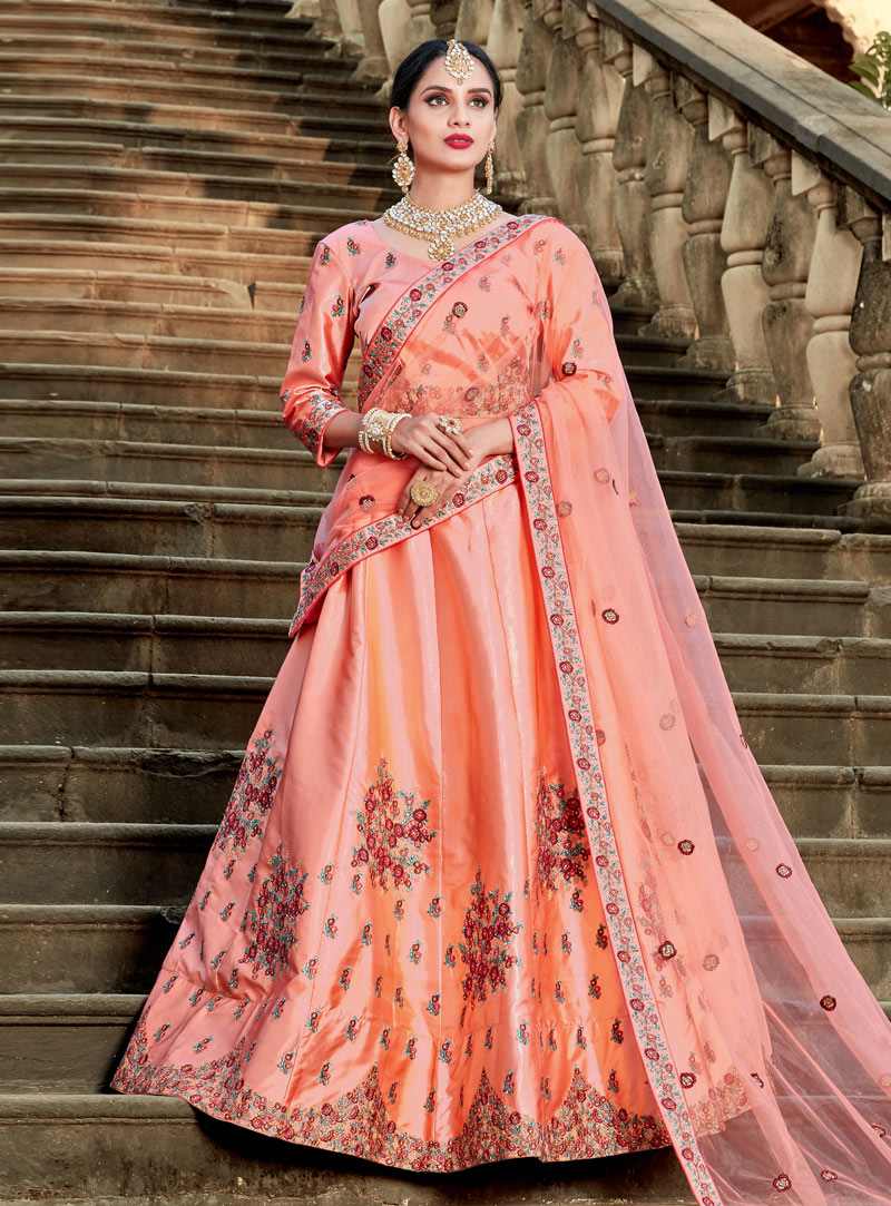 Peach Satin A Line Lehenga Choli 146531