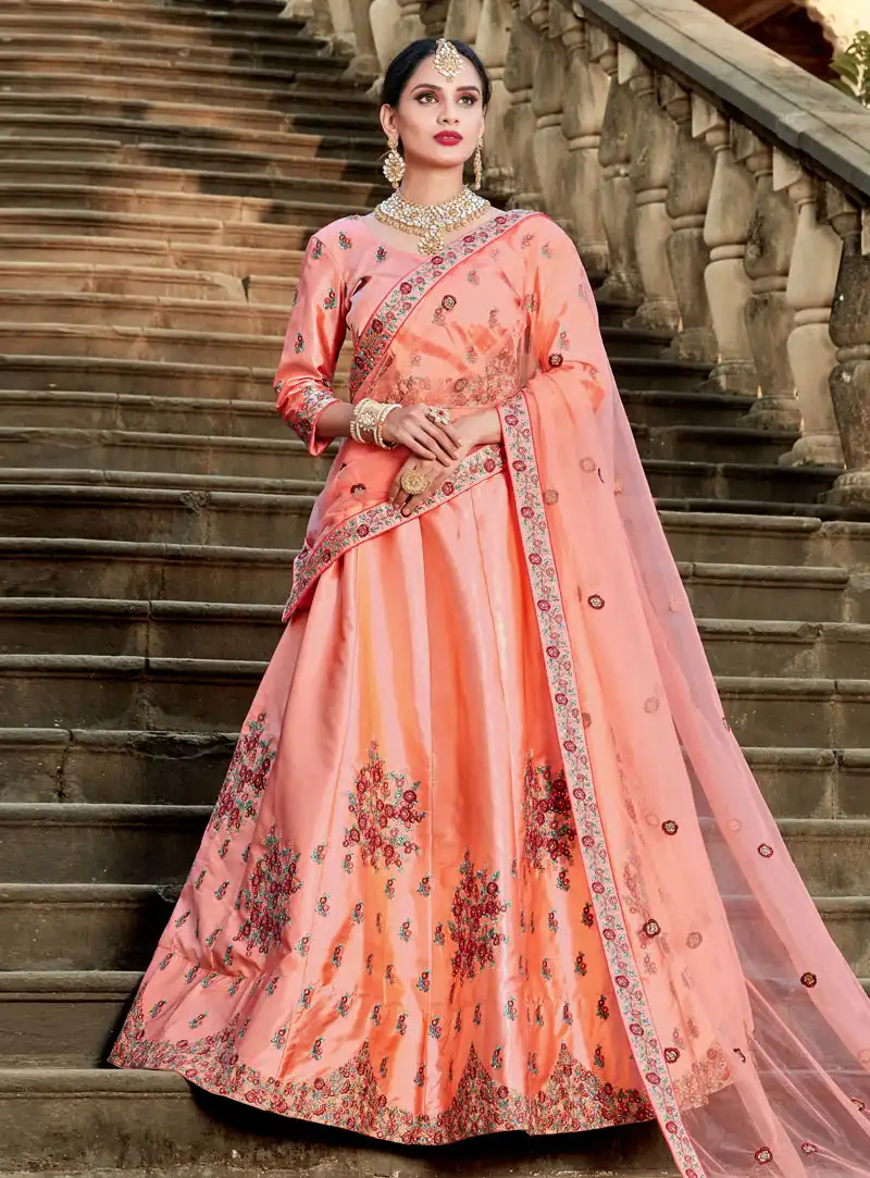 Peach Satin A Line Lehenga Choli 146531