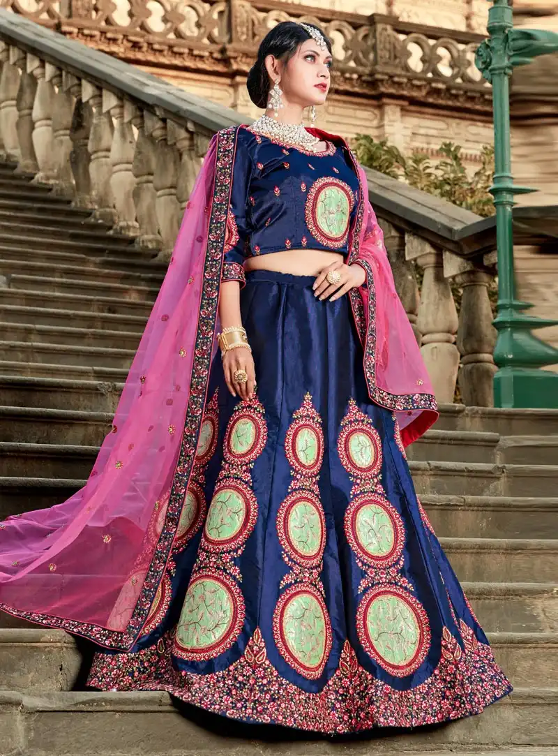 Navy Blue Satin A Line Lehenga Choli 146532