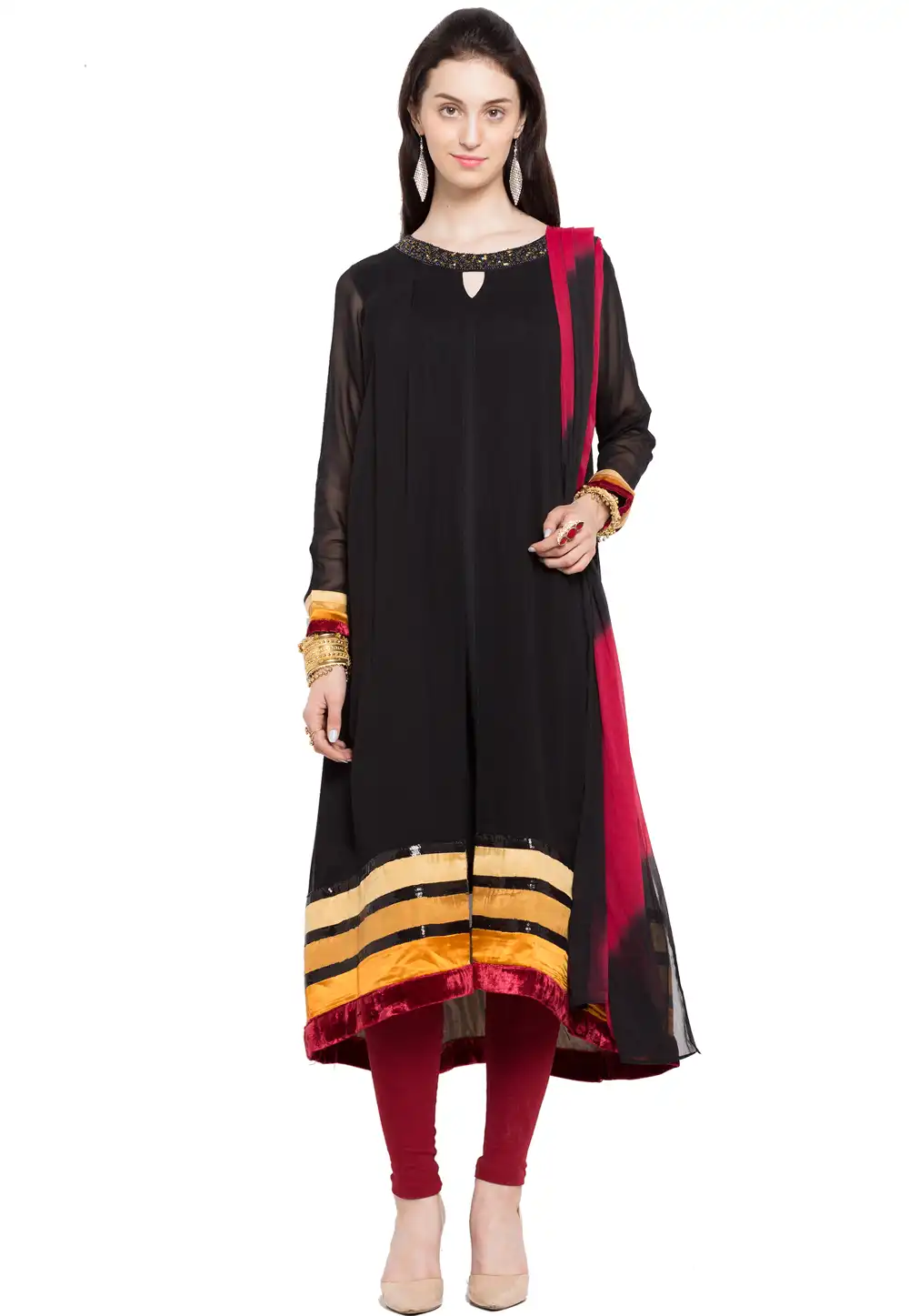Black Faux Georgette Readymade Churidar Suit 230325