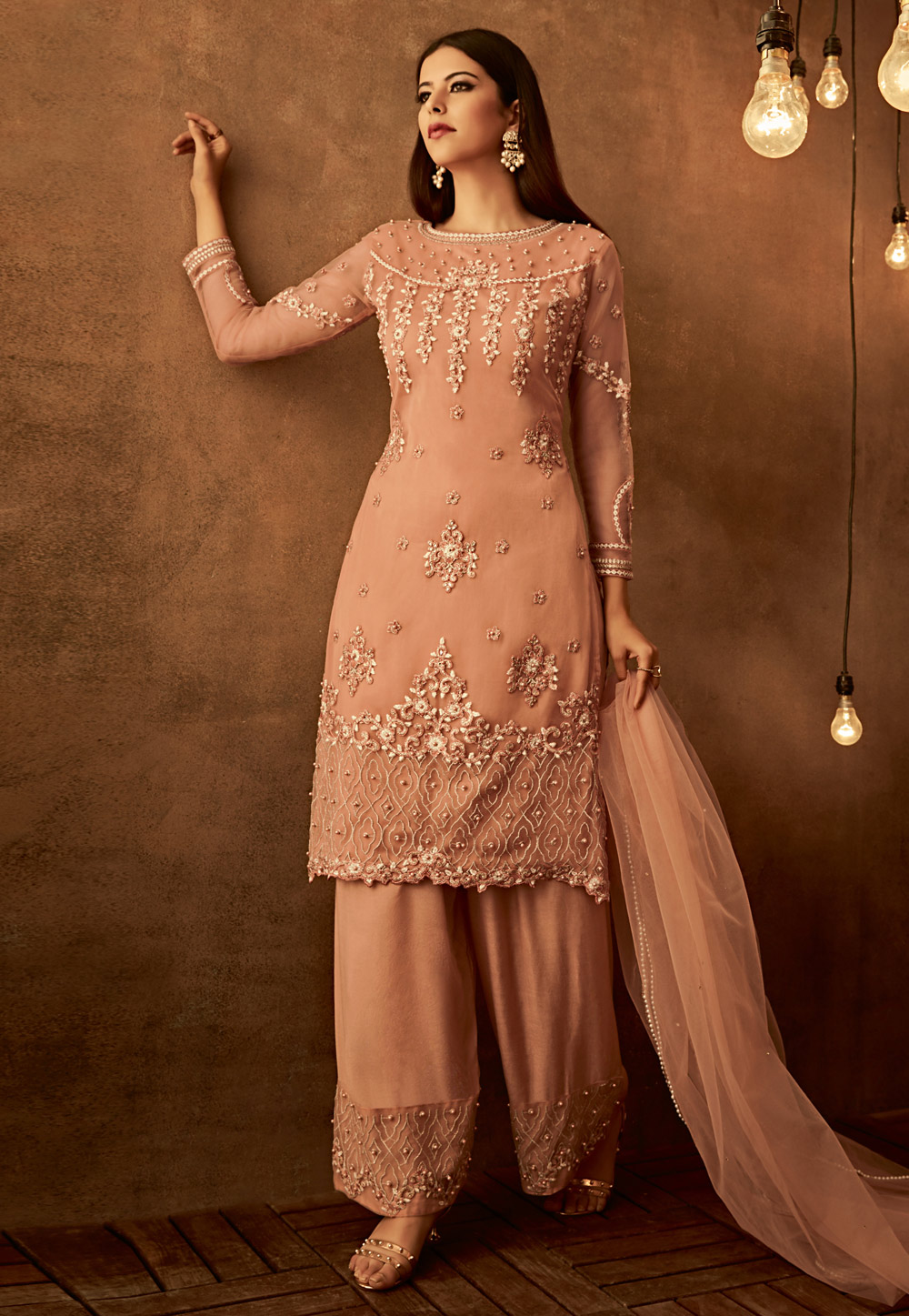 Peach Net Kameez With Palazzo 163334