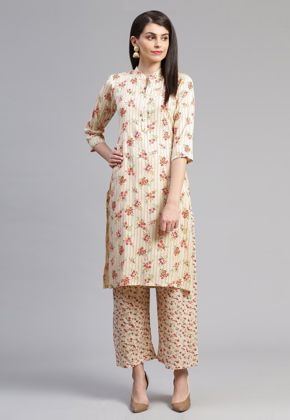 Cream Rayon Kurta Set With Palazzo 216592