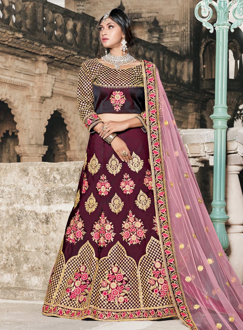 Maroon Taffeta A Line Lehenga Choli 146535