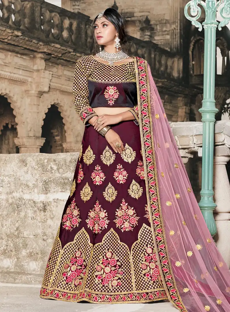 Maroon Taffeta A Line Lehenga Choli 146535