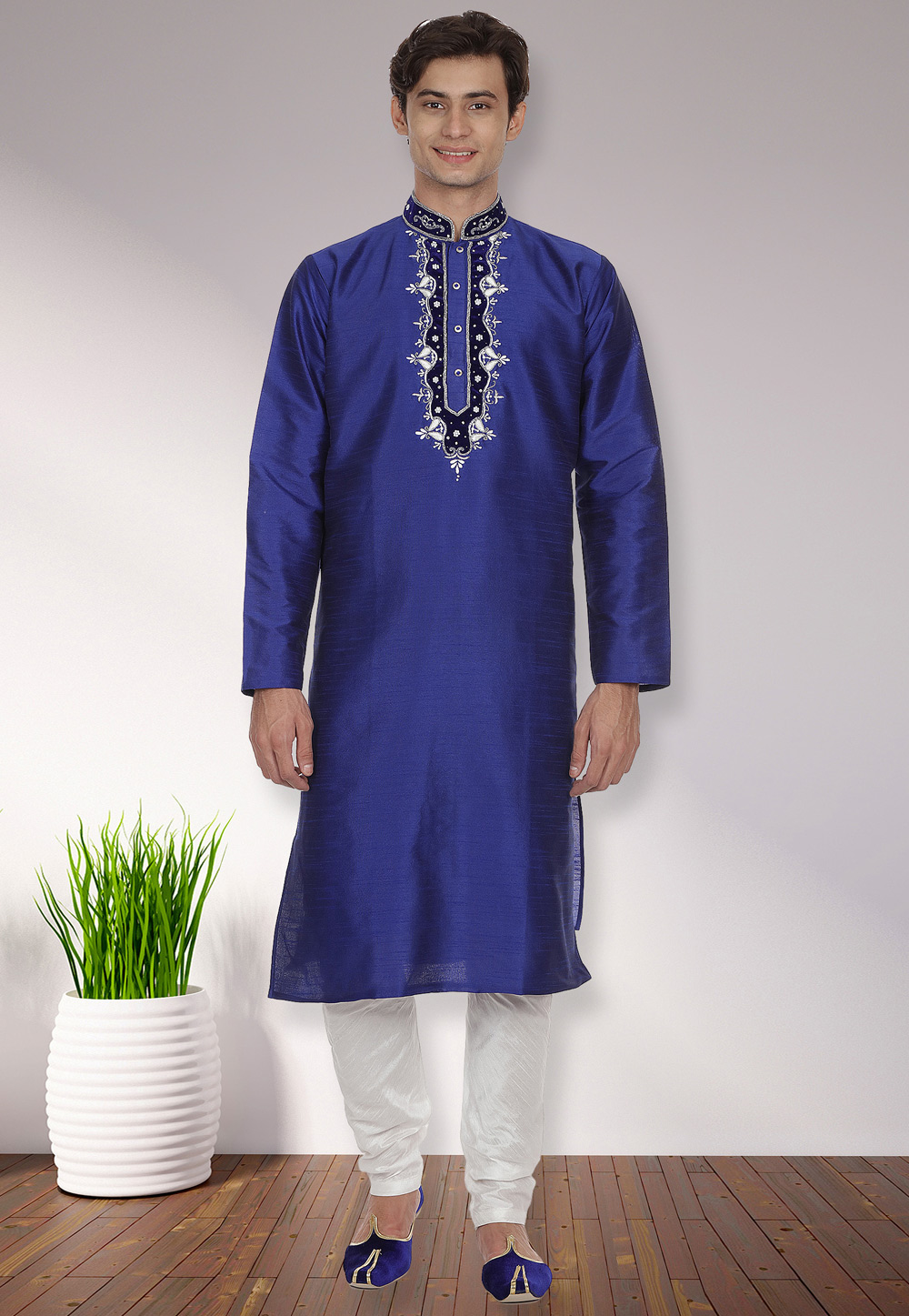 Blue Dupion Silk Readymade Kurta Pajama 175914