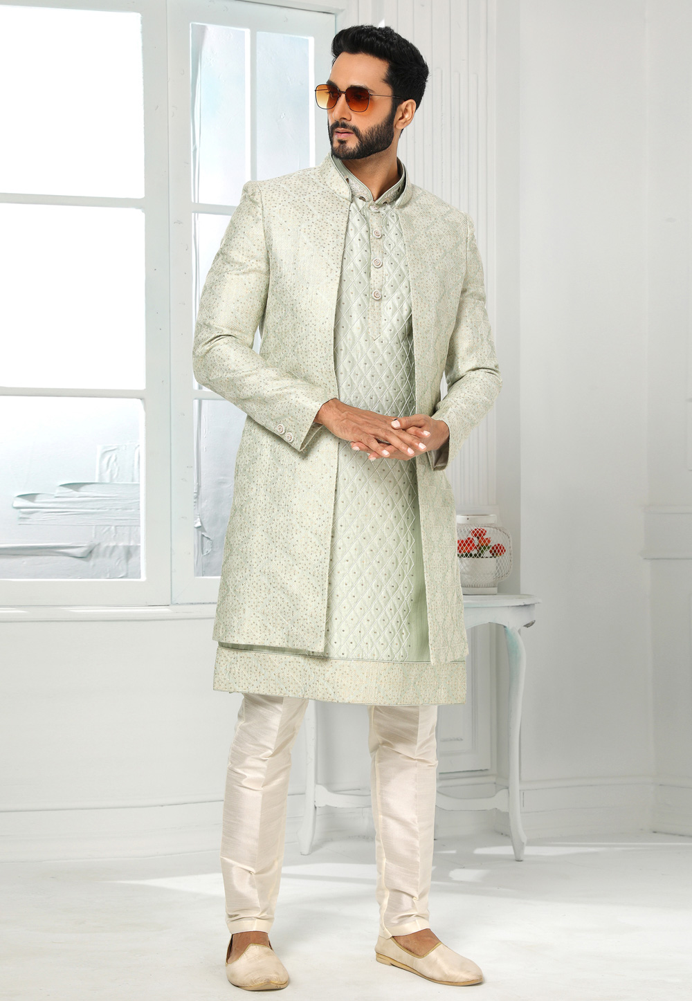 Pista Green Art Silk Indo Western Sherwani 250140