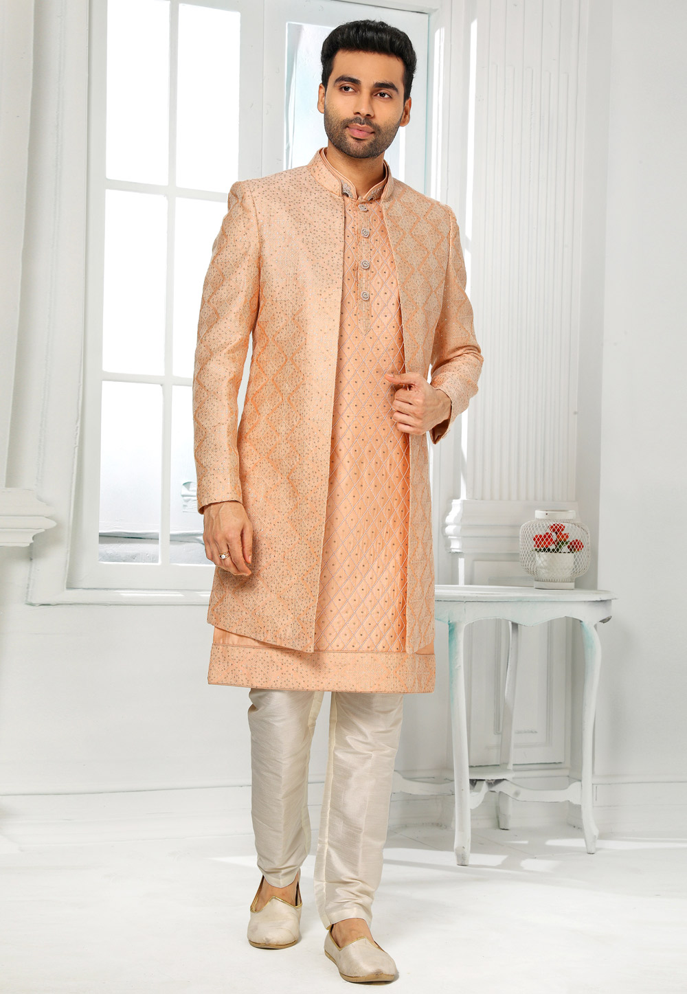 Peach Art Silk Indo Western Sherwani 250141