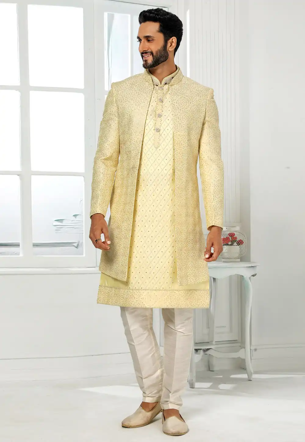 Yellow Art Silk Indo Western Sherwani 250142