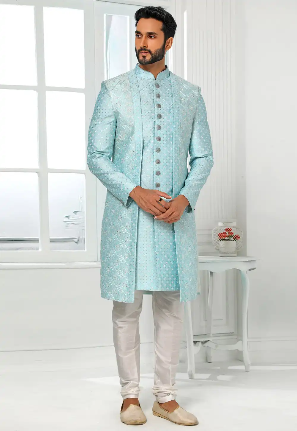Sky Blue Art Silk Indo Western Sherwani 250144