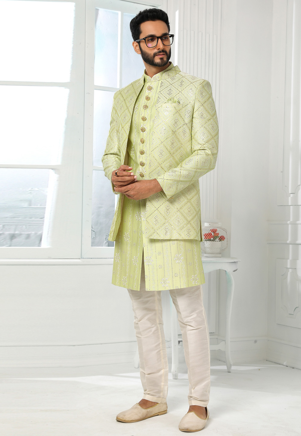 Pista Green Art Silk Indo Western Sherwani 250145