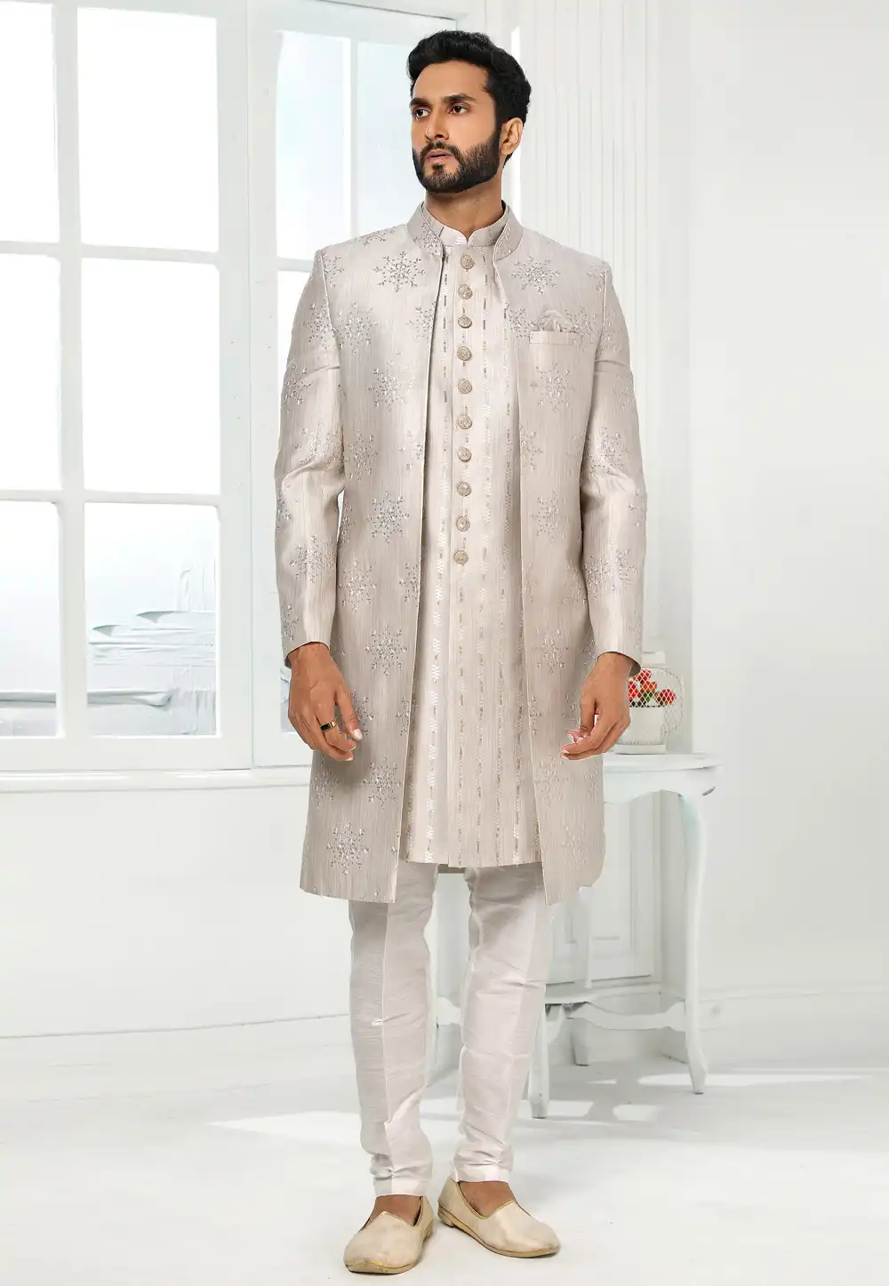 Grey Art Silk Indo Western Sherwani 250148