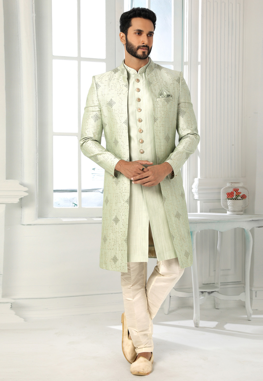 Pista Green Art Silk Indo Western Sherwani 250149