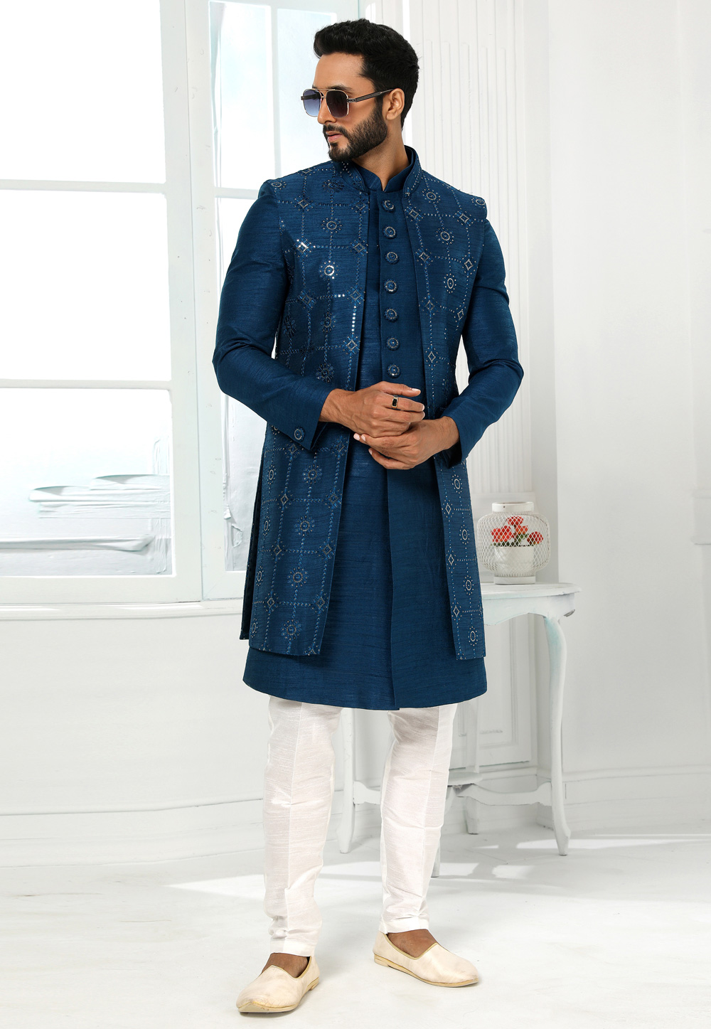 Teal Art Silk Indo Western Sherwani 250153