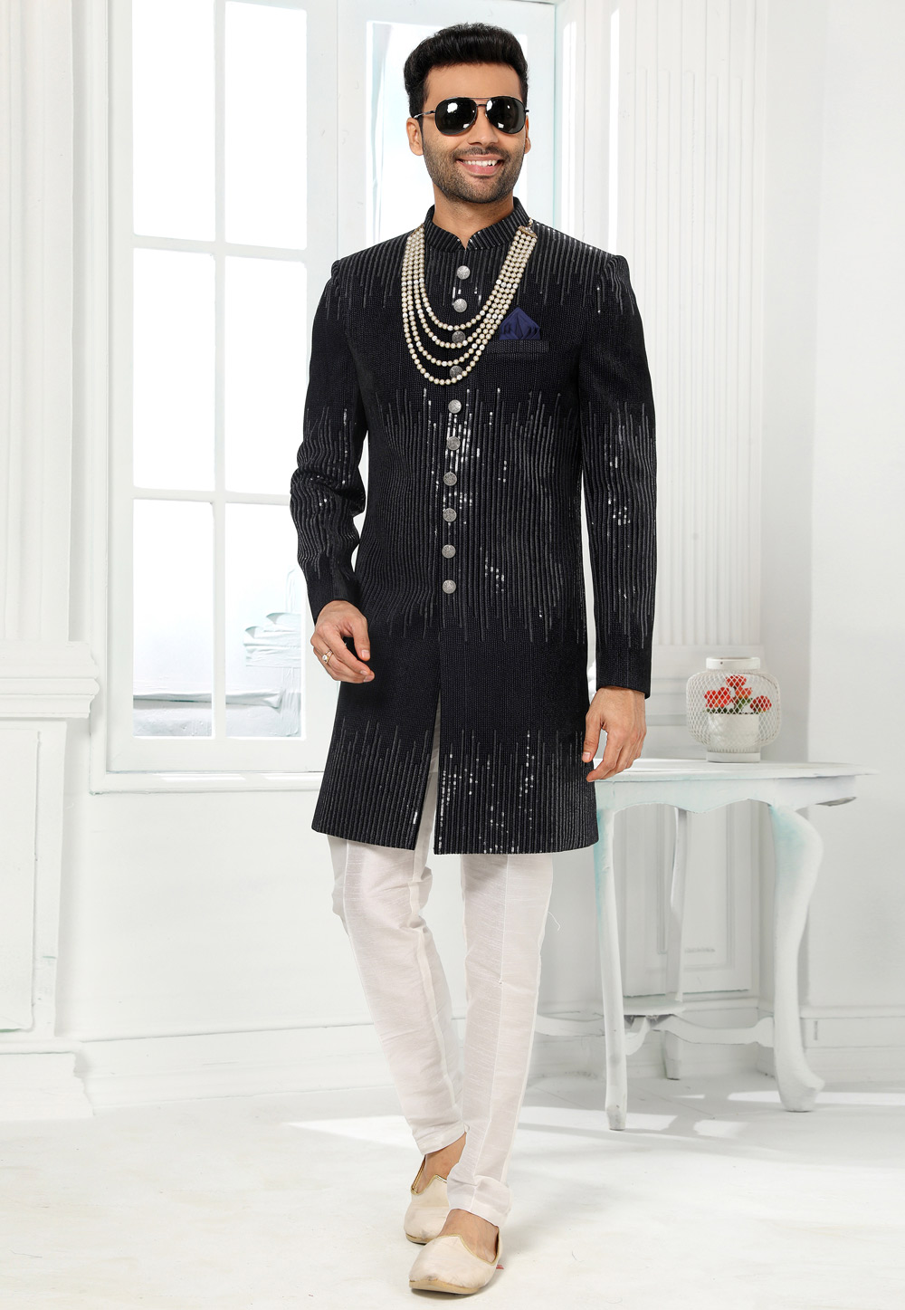 Navy Blue Art Silk Indo Western Sherwani 250155
