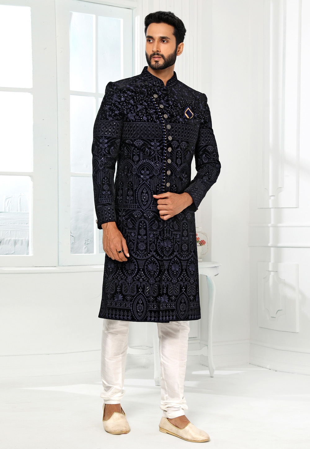 Navy Blue Art Silk Indo Western Sherwani 250156