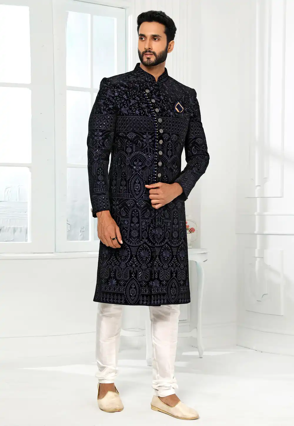 Navy Blue Art Silk Indo Western Sherwani 250156