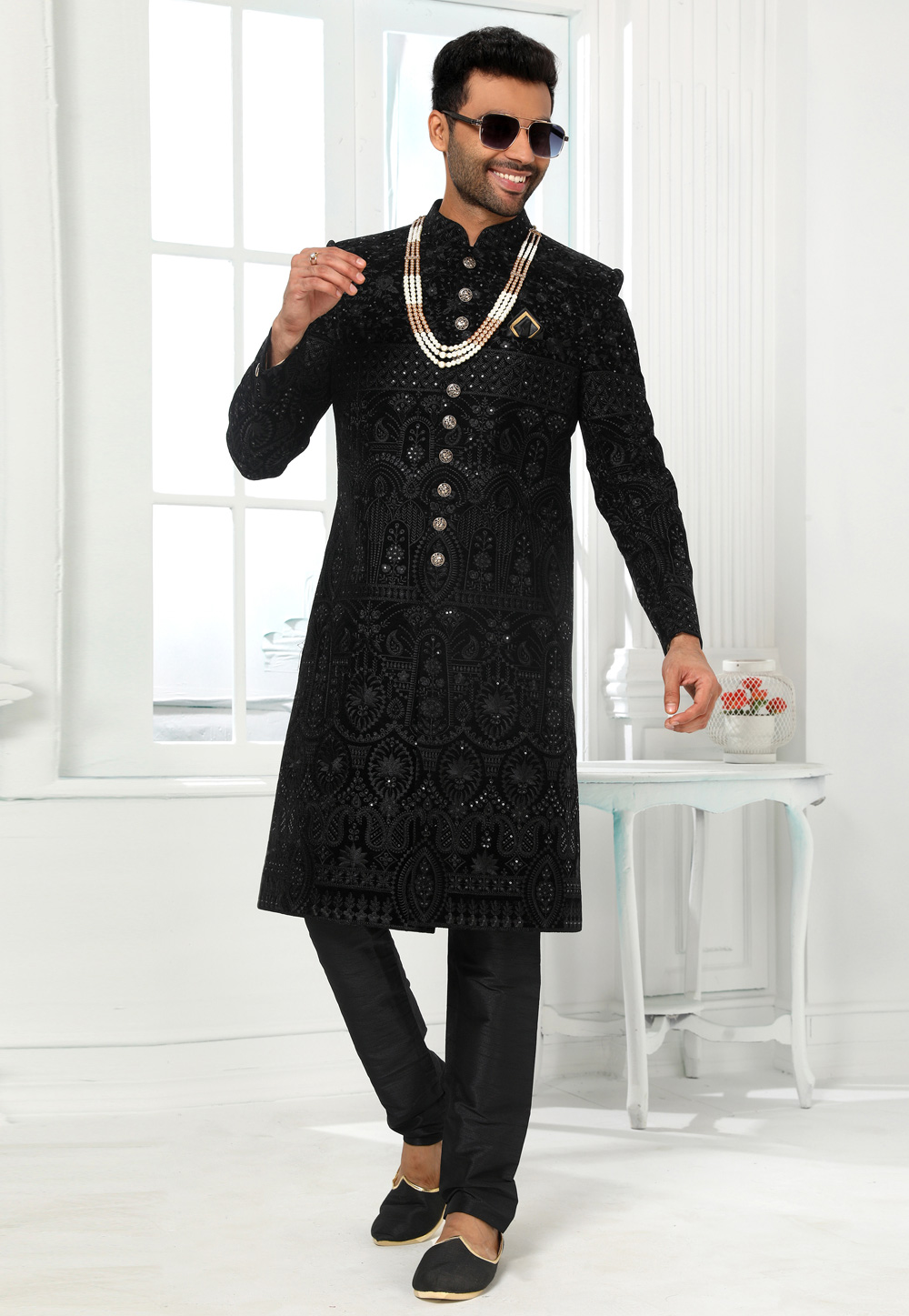 Black Art Silk Indo Western Sherwani 250157