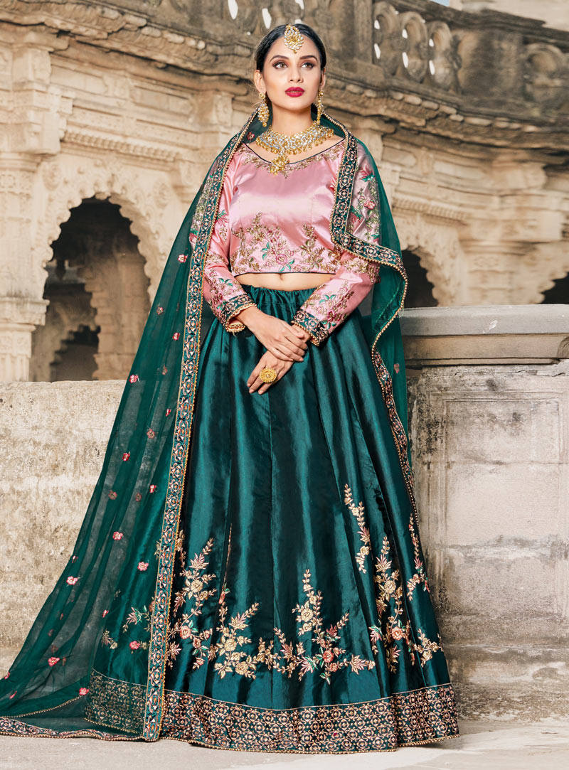 Teal Satin A Line Lehenga Choli 146536