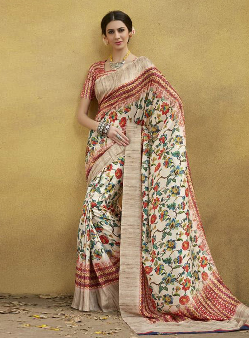Cream Tussar Silk Printed Saree 139991